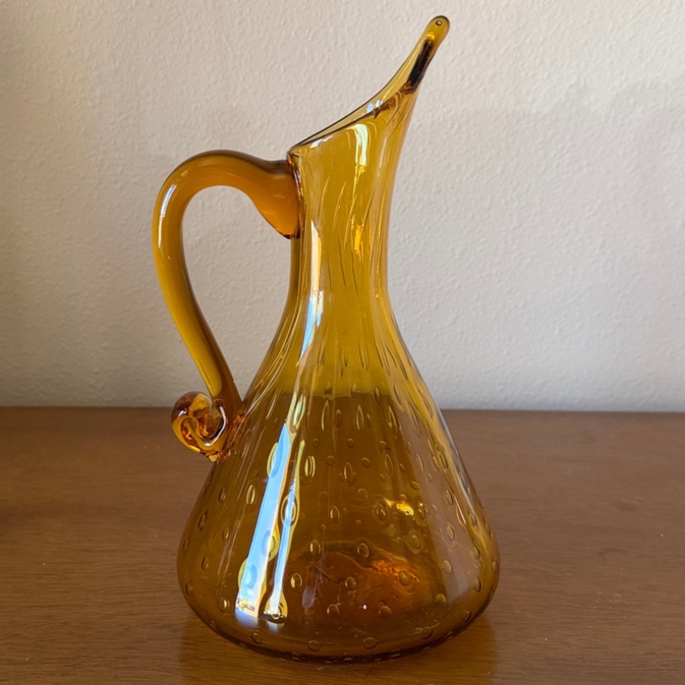 Vintage Empoli Mid Century Modern Amber Glass Pitcher Bubble Textured Art Glass